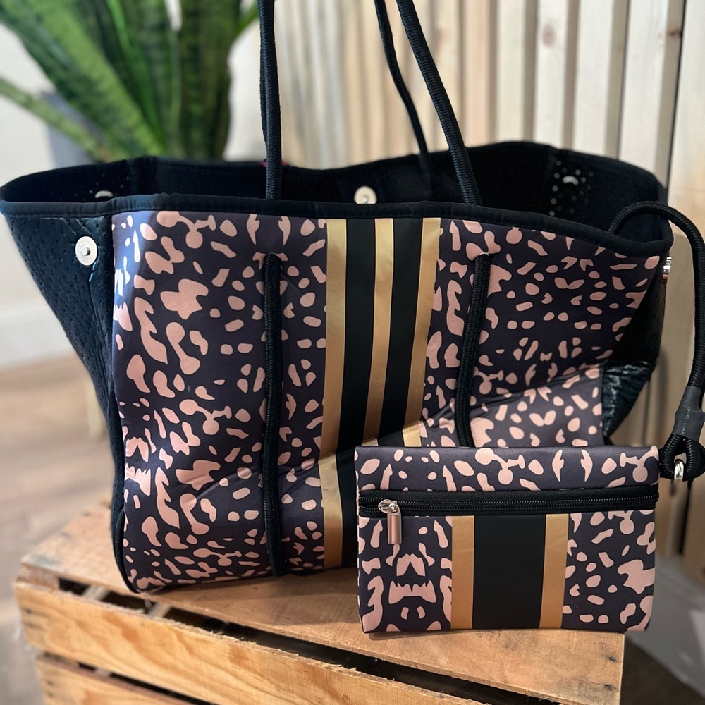 Leopard print Neoprene tote with gold stripe detail